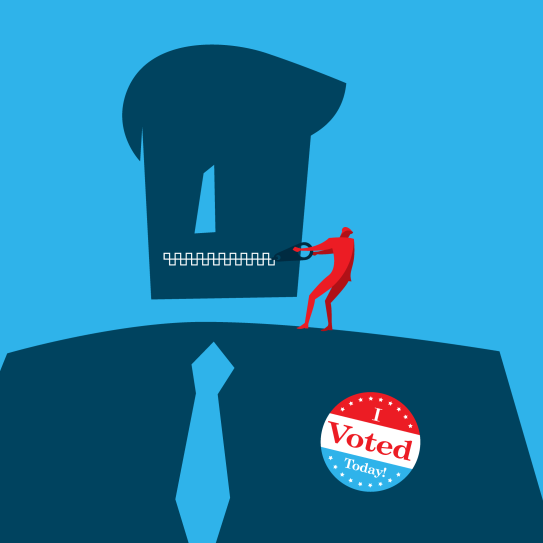 Person with a zipper mouth and I voted sticker