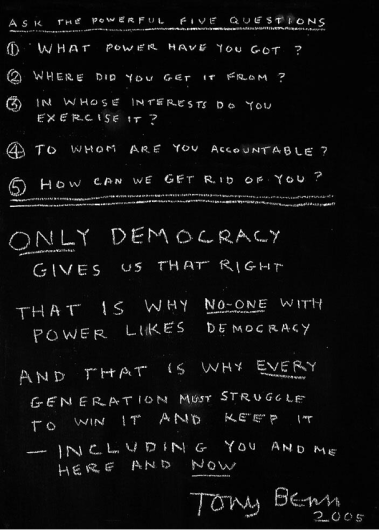 Tony Benn's powerful five questions