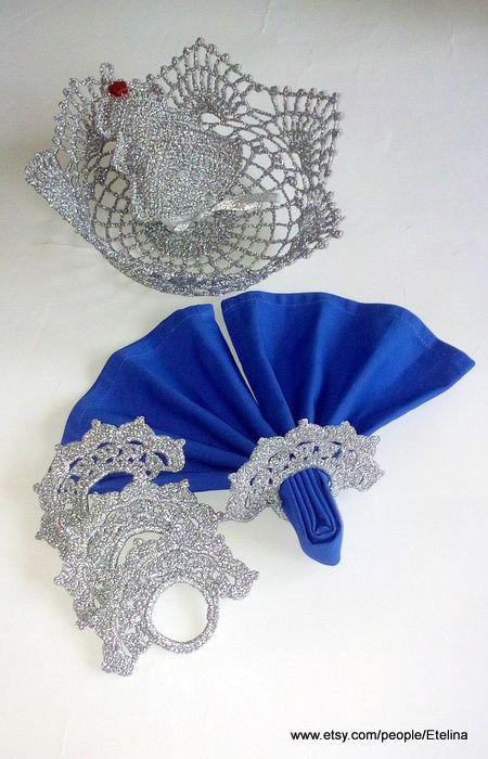 Christmas Table Decorations, Silver Napkin Holder, Crochet Tree Pillow, Crochet Bowl Christmas Table Decorations, Silver Napkin Holder, Crochet Tree Pillow, Crochet Bowl