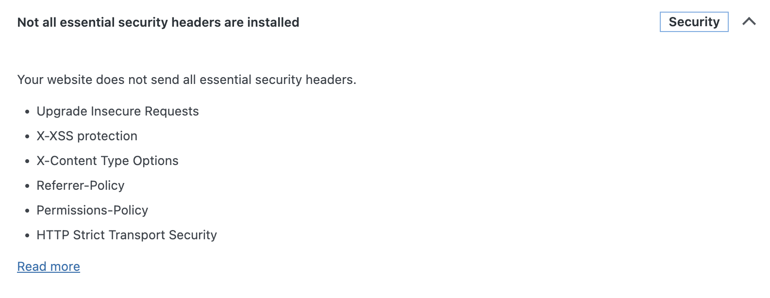 Not all essential security headers are installed
