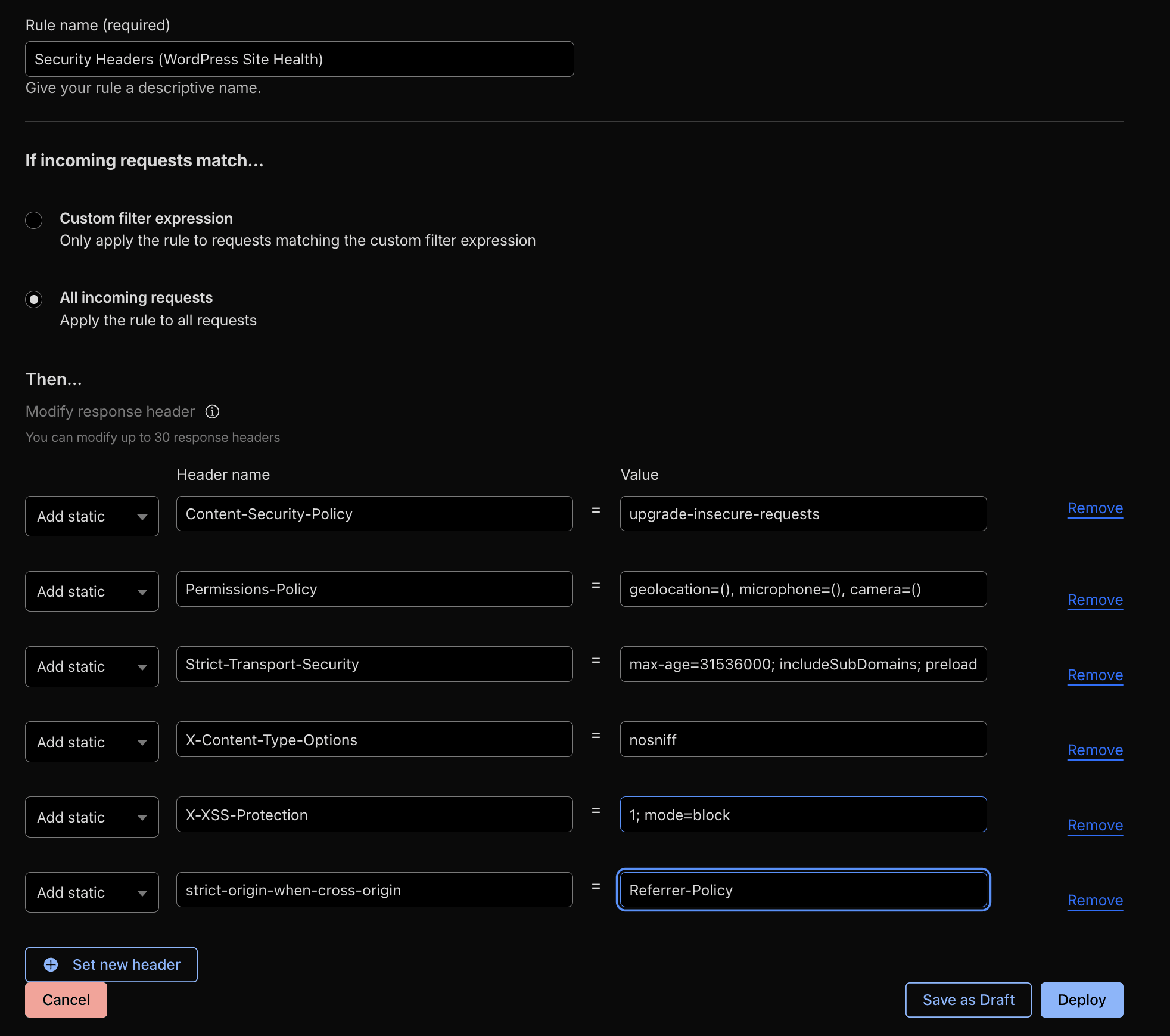 Response Header Transform Rule