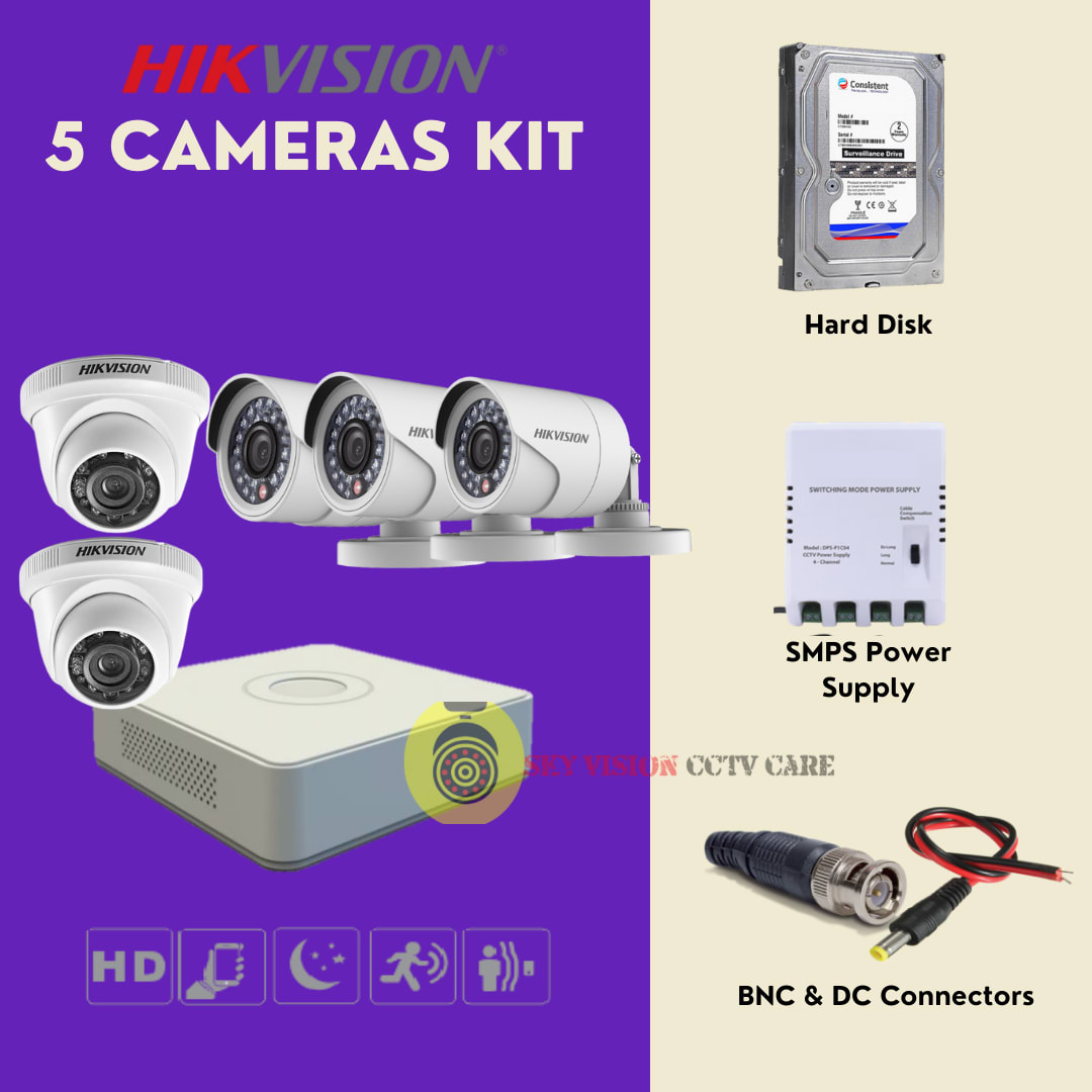 5 Camera Bundle Offer Hikvision HD (2 MP) 50MTR Cable free With
