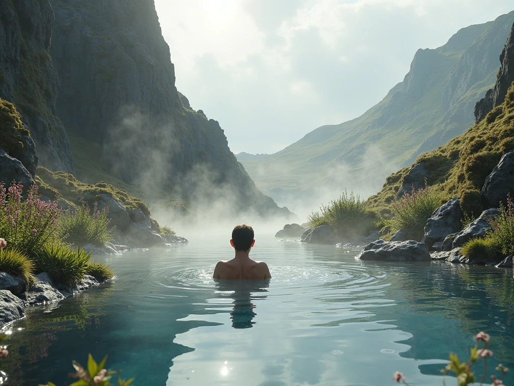 A person relaxing in a hidden geothermal pool in Iceland surrounded by stunning nature.