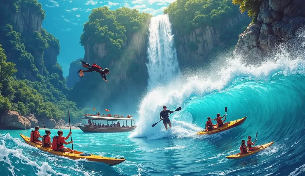 A vibrant collage showcasing various water adventures in the Philippines, including divers exploring coral reefs, people canyoneering down a waterfall, island hopping boats on clear waters, a surfer riding a wave, and kayakers paddling through a serene lagoon.