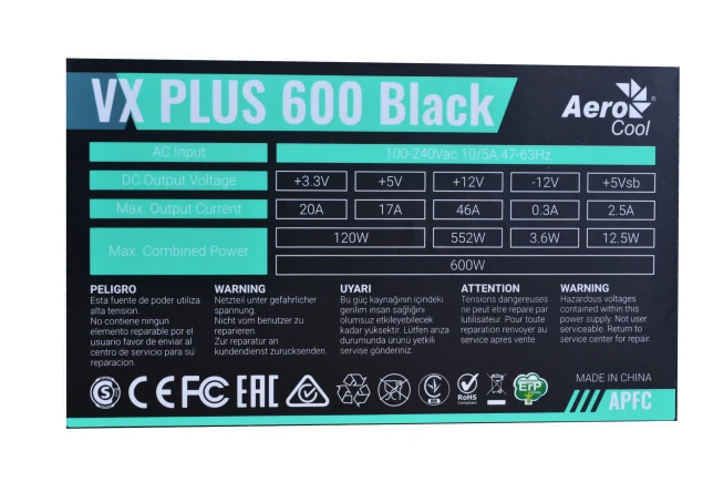 Fuente de Poder Aerocool VX PLUS 600 Doble PCIe 600W / 46A en +12V Computador Gamer Colombia