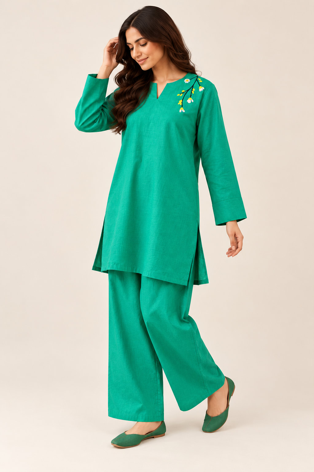 Sage Floral Khaddar Set in Sage, view 2