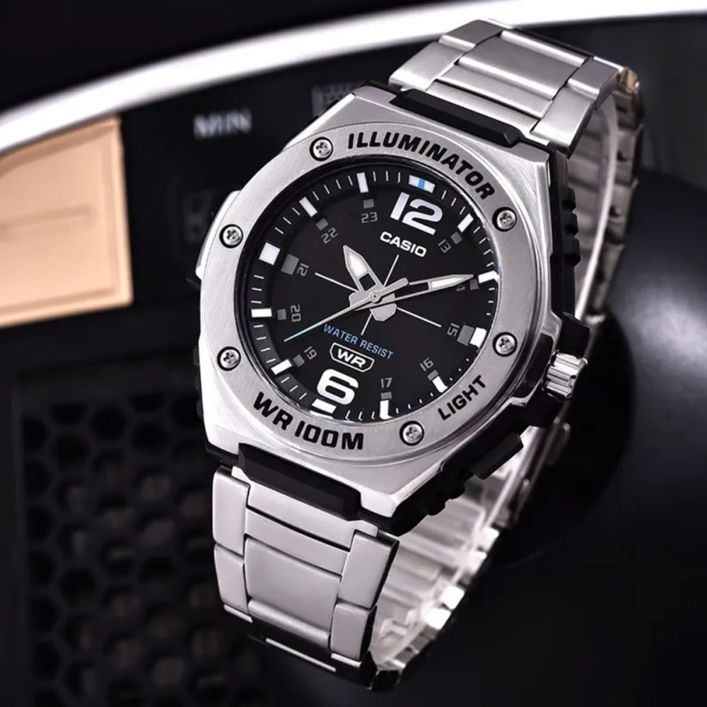 Casio Youth Men's Analog Stainless Steel Watch MWA-100HD-1AV Crown & Case Profile Casio Youth Men's Analog Stainless Steel Watch MWA-100HD-1AV Side Profile & Crown View - Watch 24 BD