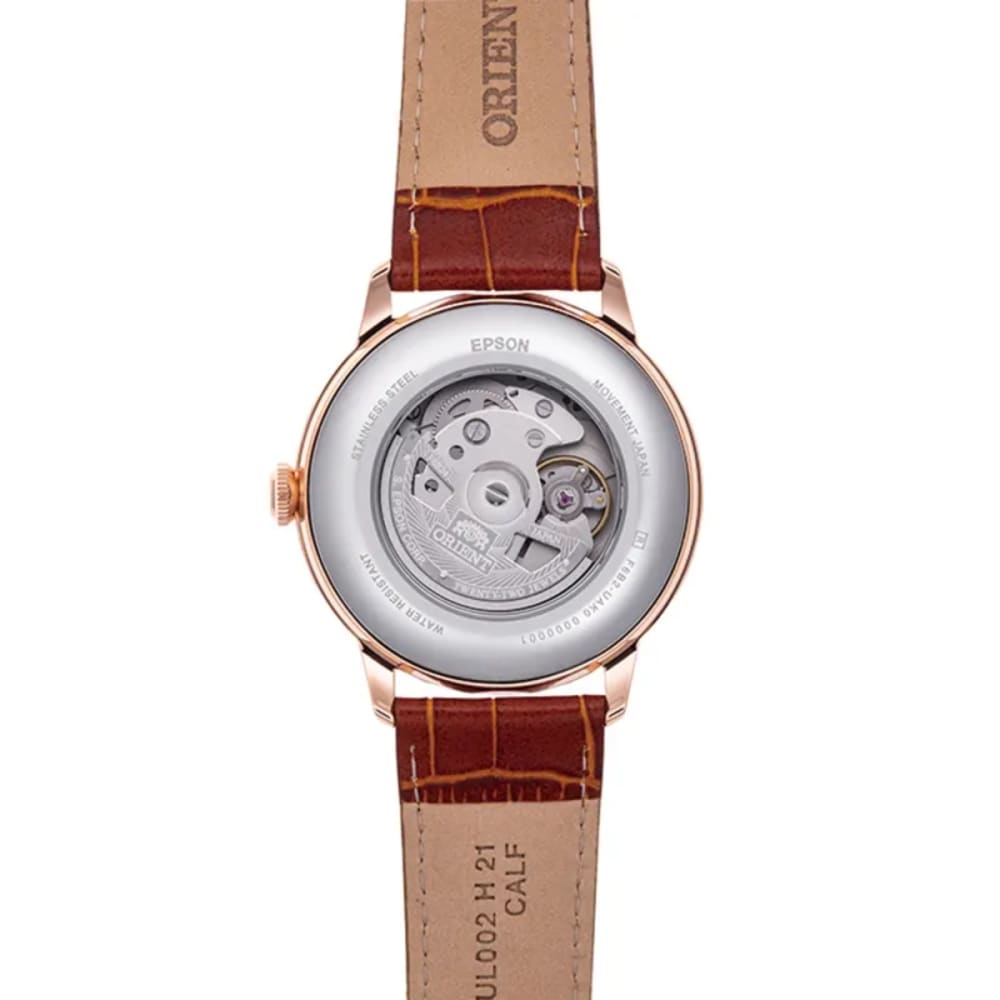 Orient Bambino Sun & Moon Rose Gold Watch RA-AK0801S Side Profile & Crown View - Watch 24 BD