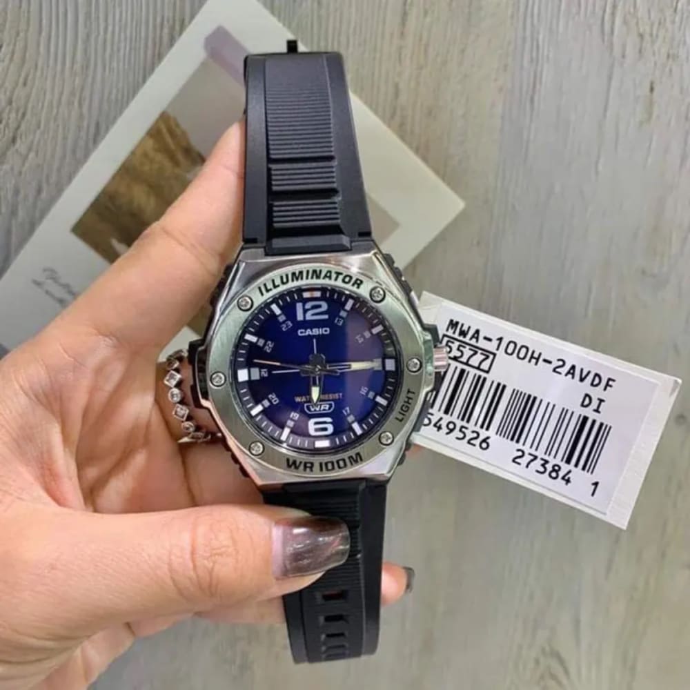 Casio Black Blue Sports Analog Watch MWA-100H-2AV Crown & Case Profile Casio Black Blue Sports Analog Watch MWA-100H-2AV Side Profile & Crown View - Watch 24 BD