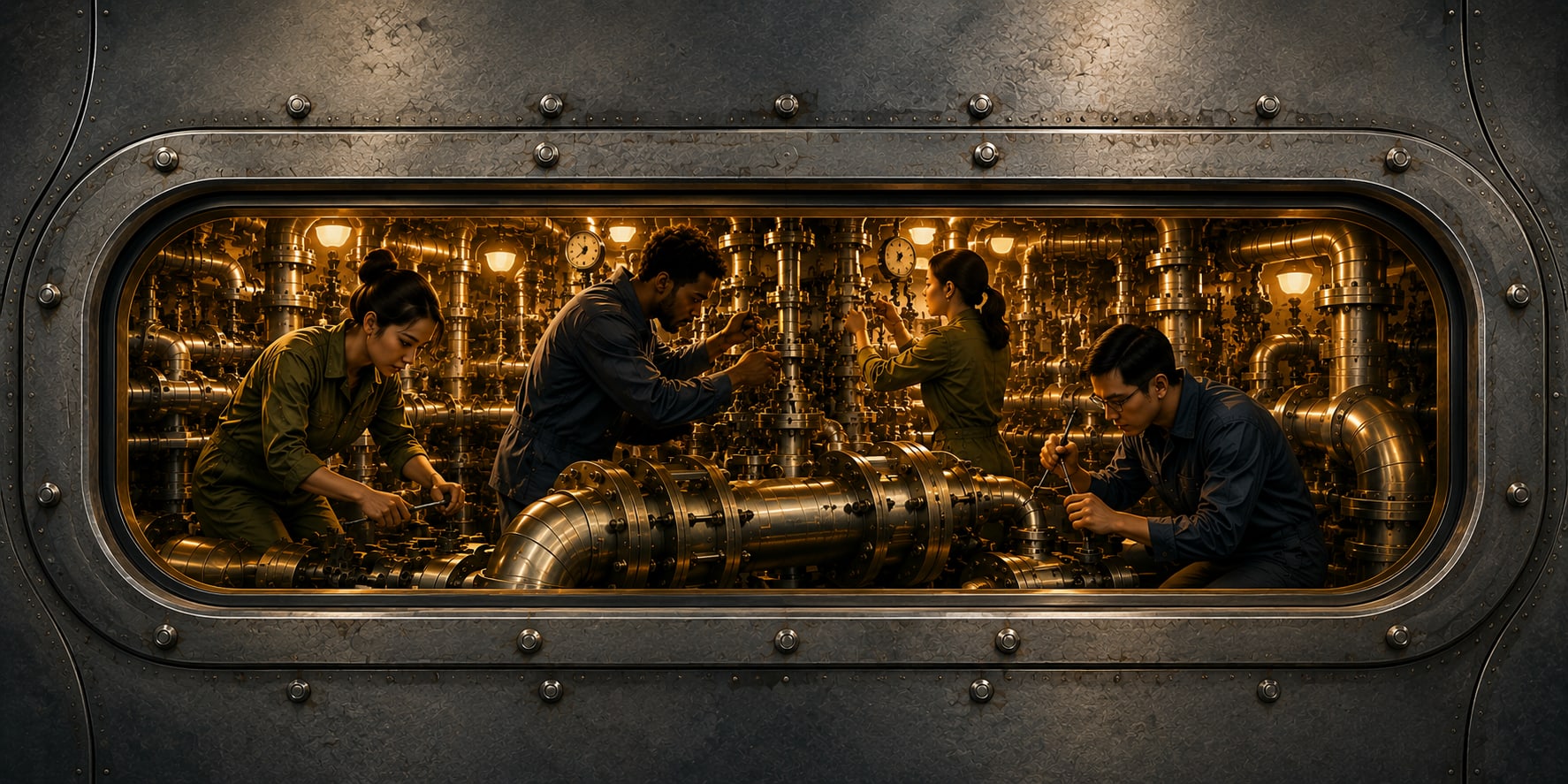 Four people work inside a complex, warmly lit engine room, surrounded by pipes, valves, gauges and machinery, viewed through a large oval window set into a dark metal casing.