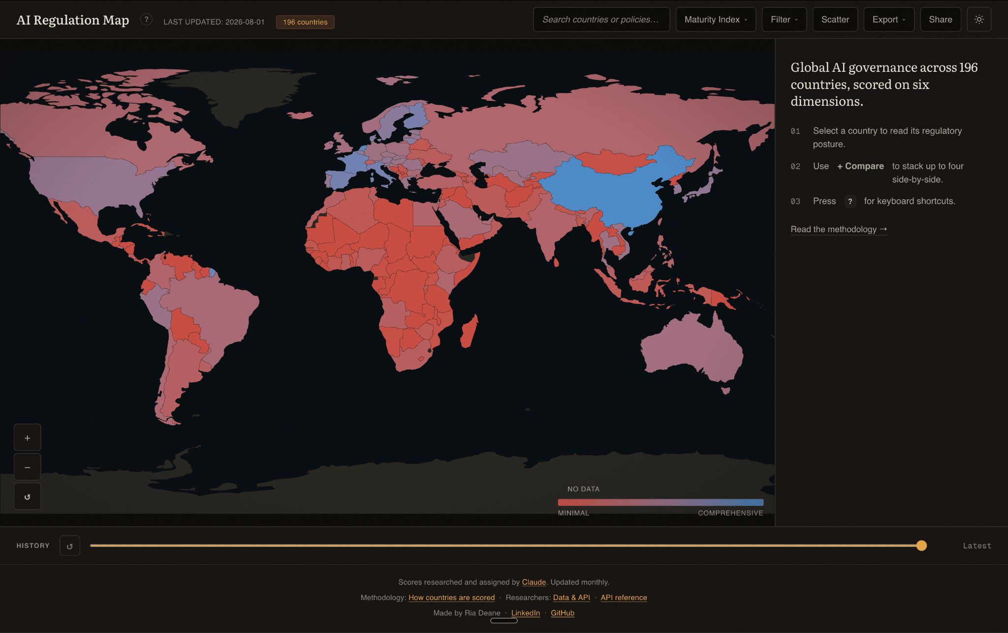 A screenshot of AI Regulation Map showing a world map with each country scored on a maturity index