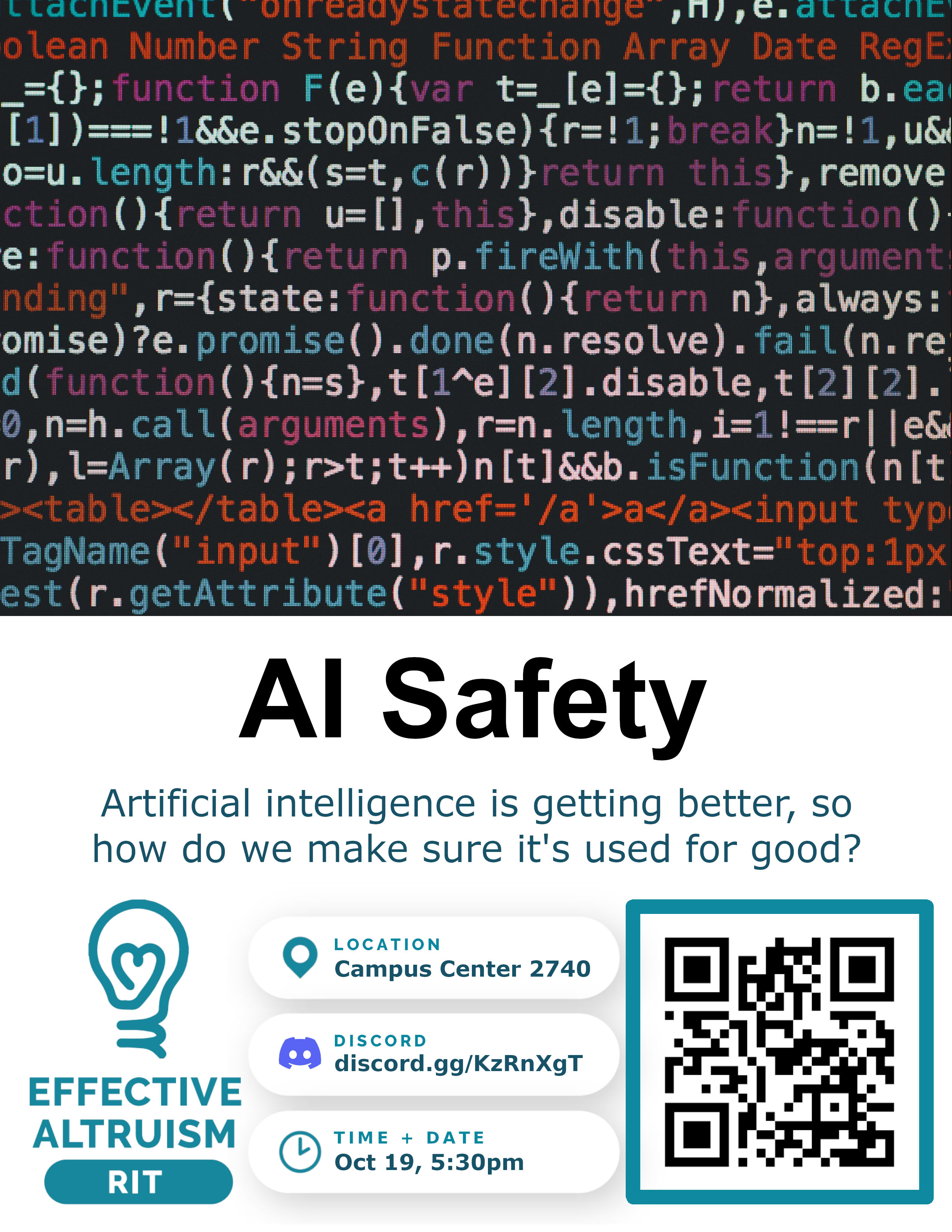 an ai safety poster, with a subtitle saying, "Artificial Intelligence is getting better, so how do we make sure it's used for good?"