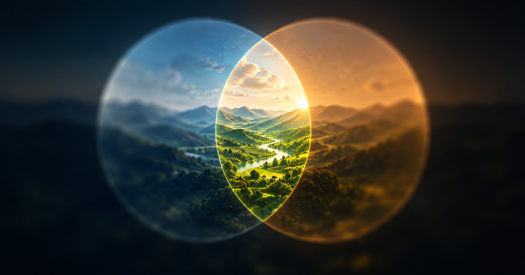 Abstract illustration of two overlapping translucent circles, one cool blue and one warm amber, floating over a darkened landscape. Most of the scene is deliberately soft and indistinct, but where the circles overlap a vibrant sunlit valley comes sharply into focus, with green hills, winding rivers and distant mountains rendered in rich detail. The image suggests that independent perspectives, when combined, reveal a clearer and more complete picture than either could alone.
