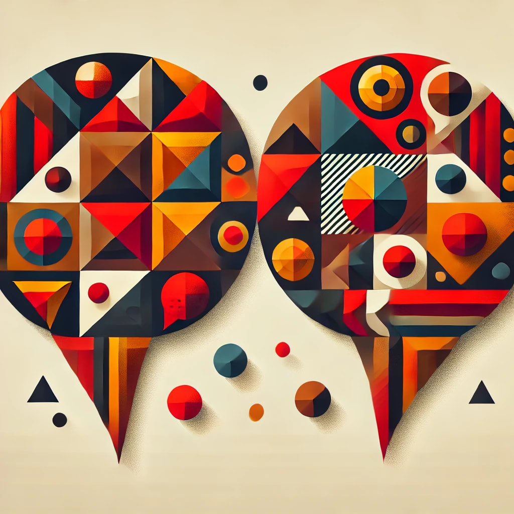 A conversation depicted with a couple of speech bubbles in a geometric editorial style with bold autumnal colors. The speech bubbles should be composed of various geometric shapes like triangles, squares, and circles, arranged in an abstract and artistic manner. The color palette should include deep oranges, reds, yellows, and browns to capture the essence of autumn. The background should be clean and simple to make the speech bubbles the focal point of the image.