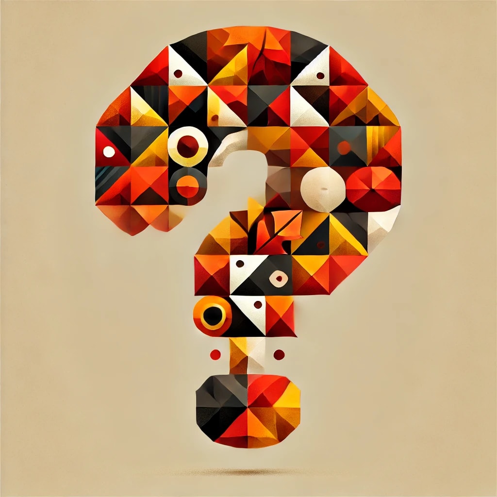 A geometric editorial style question mark image with bold autumnal colors. The question mark should be composed of various geometric shapes like triangles, squares, and circles, arranged in an abstract and artistic manner. The color palette should include deep oranges, reds, yellows, and browns to capture the essence of autumn. The background should be clean and simple to make the question mark the focal point of the image.