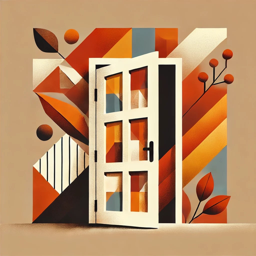 An open door in a geometric editorial style with bold autumnal colors. The door should be composed of various geometric shapes like triangles, squares, and circles, arranged in an abstract and artistic manner. The color palette should include deep oranges, reds, yellows, and browns to capture the essence of autumn. The background should be clean and simple to make the open door the focal point of the image.