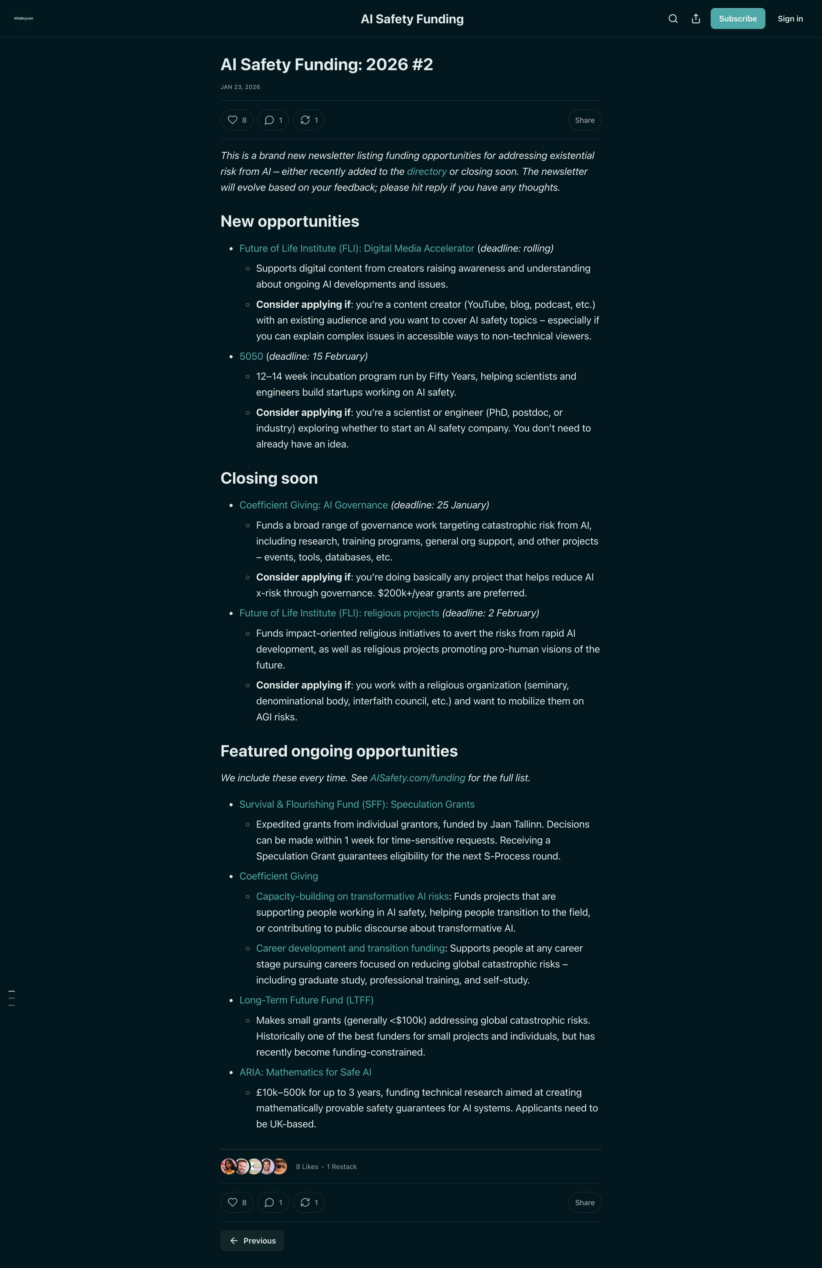 Screenshot of AI Safety Funding newsletter