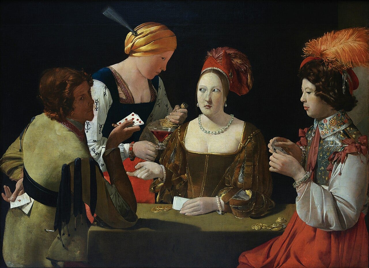 The Card Sharp with the Ace of Diamonds, an oil-on-canvas painting by Georges de La Tour. It depicts a card game in which a young man is being fleeced of his money by the other players, including a card sharp who is retrieving the ace of diamonds from behind his back.