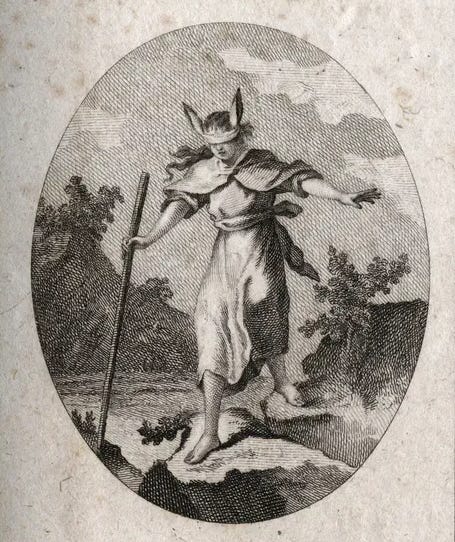 Allegory of Error by Stefano Bianchetti. An engraving depicting a blindfolded figure with donkey ears staggering forward holding a staff.