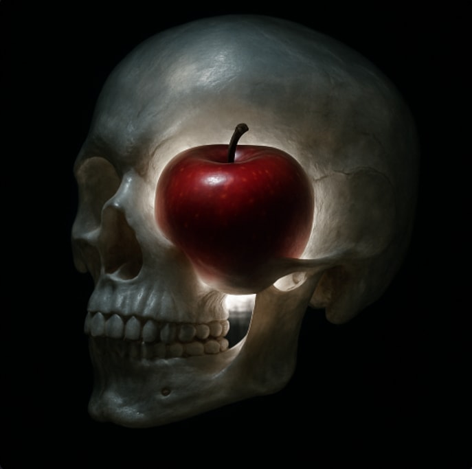 A human skull in side view against a black background, with a large glossy red apple filling the eye socket and extending into the center of the skull. Soft light shines from behind the apple, illuminating the bone from within.