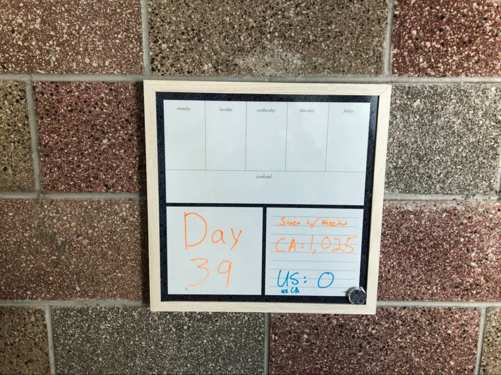 A photo of the non-computer version of VaccinateCA’s dashboard, taken on Day 39. It shows VaccinateCA’s then-current understanding of where to find the vaccine: 1,025 sites in California and 0 sites outside of California.