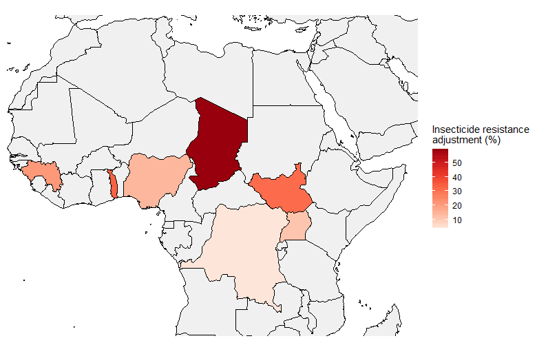 Map of Africa with our insecticide resistance estimates (with adjustment by country)