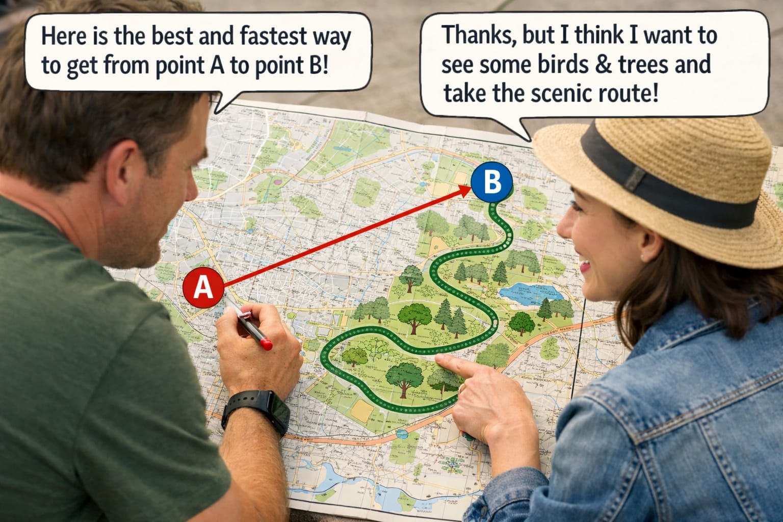 Person A says Here is the best and fastest way to get from point A to point B. Person B says thanks but i think i want to see some birds and trees and take the scenic route!