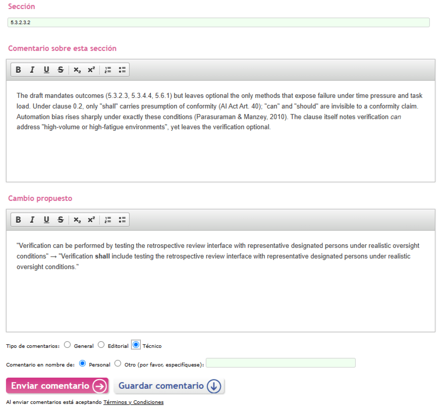 Screenshot of UNE's enquiry comment form for prEN 18229-3, with fields for section (5.3.2.3.2), comment type (technical), comment, and proposed change, filled in with the text from this post.