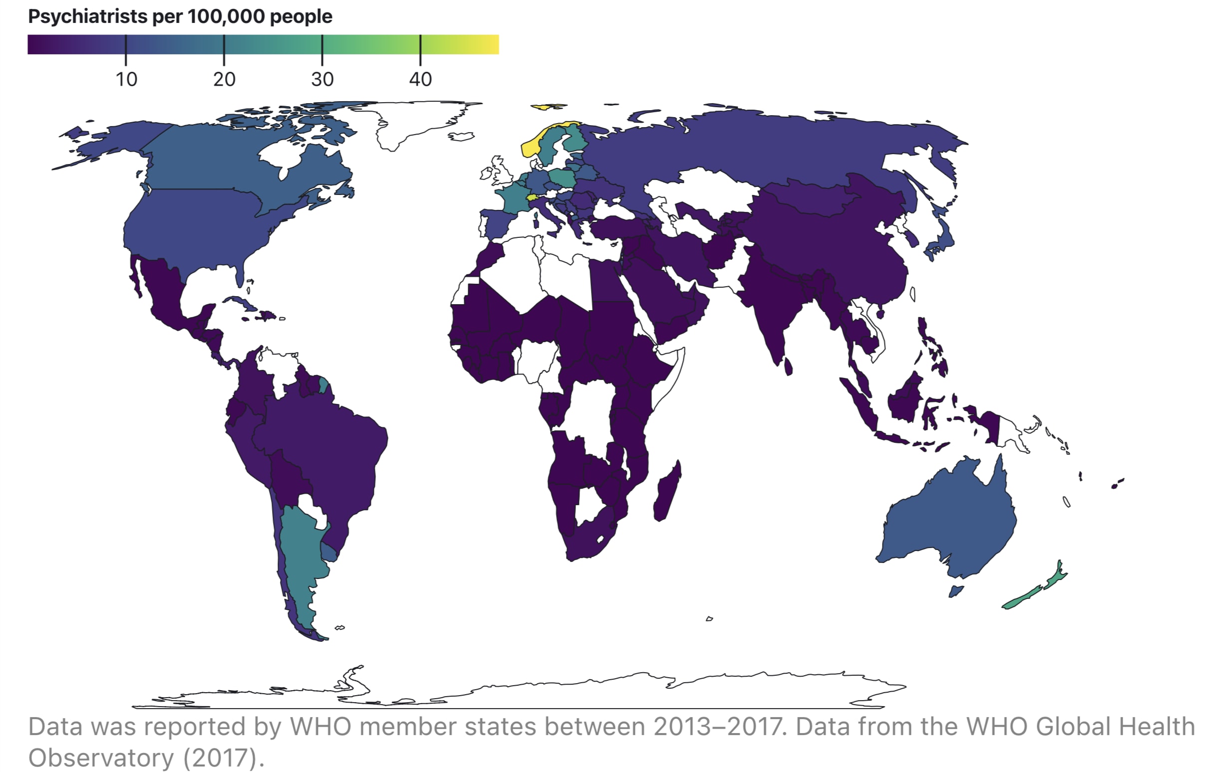 A map of the world showing the density of psychiatrists for each country. There are only high densities in North America, ANZ, Western Europe, and Argentina.