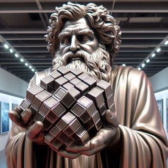 AI generated image of a statue of a Greek philosopher holding up a disorganized clump of 'cellboxes' (cubes).