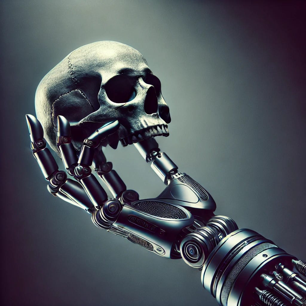 A futuristic robotic arm holding a human skull in its mechanical hand. The robot arm is sleek and metallic with intricate details, illuminated by a soft, moody light. The background is dark and atmospheric, evoking a sense of mystery and contemplation. The skull appears aged and weathered, contrasting with the advanced technology of the robotic arm.