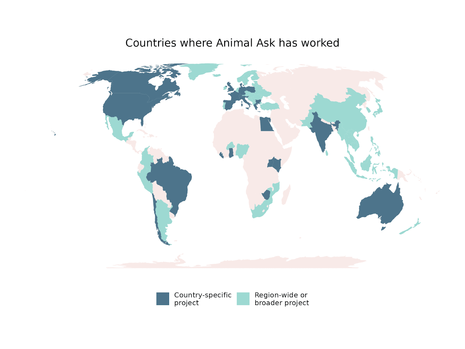 A map illustrating the countries where Animal Ask has worked