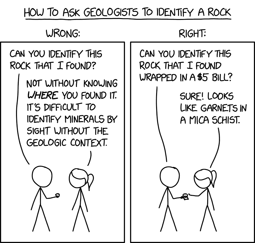 xkcd comic entitled Rock Identification: How to Ask Geologists to Identify a Rock. The punchline is you should ask them with money.