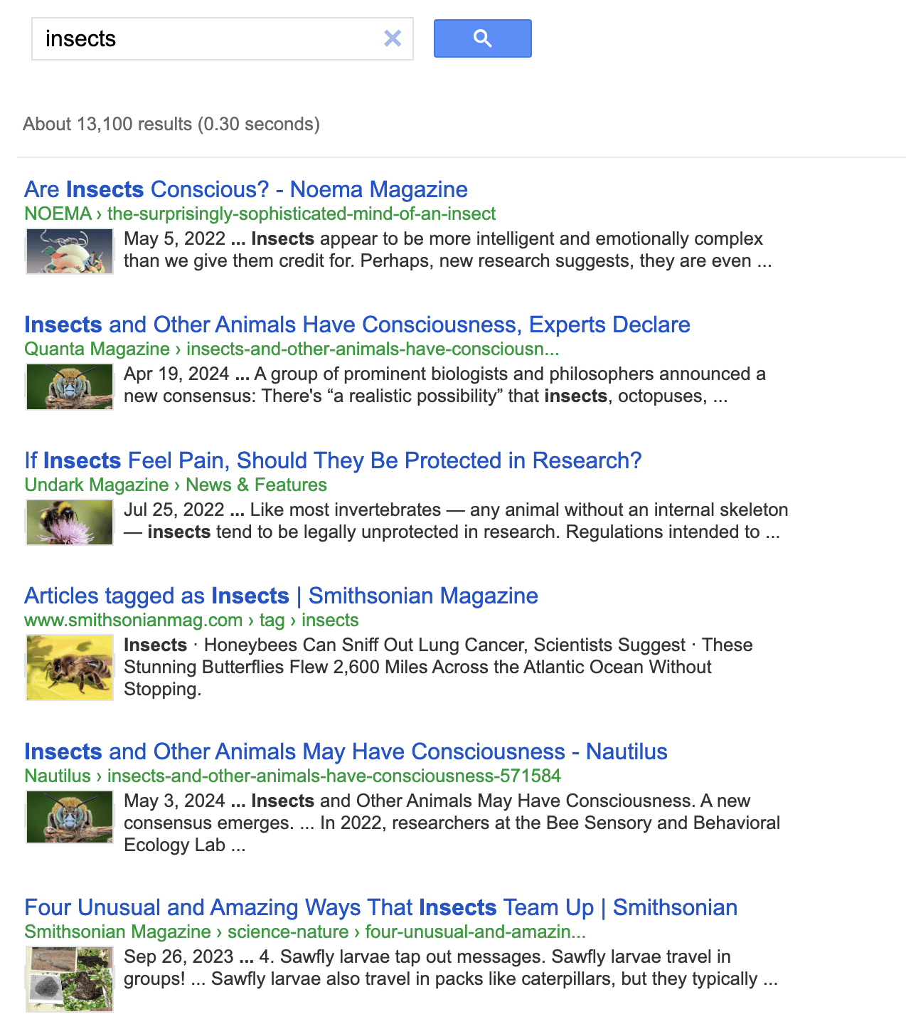 Screenshot of Google results from custom search engine for the word "insects"