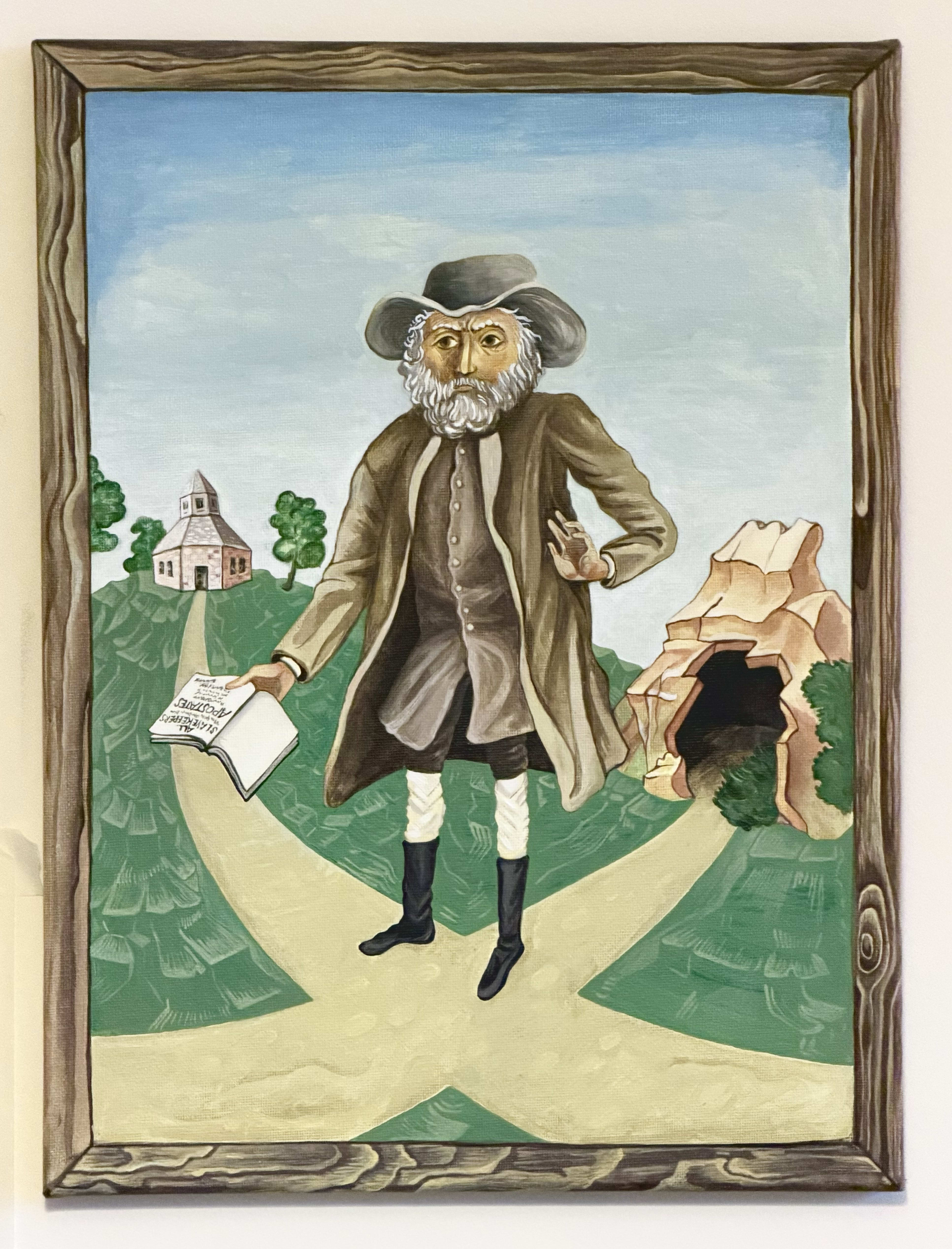 Benjamin Lay portrait, in front of his cave (stylized) and the quaker meeting house in Pennsylvania