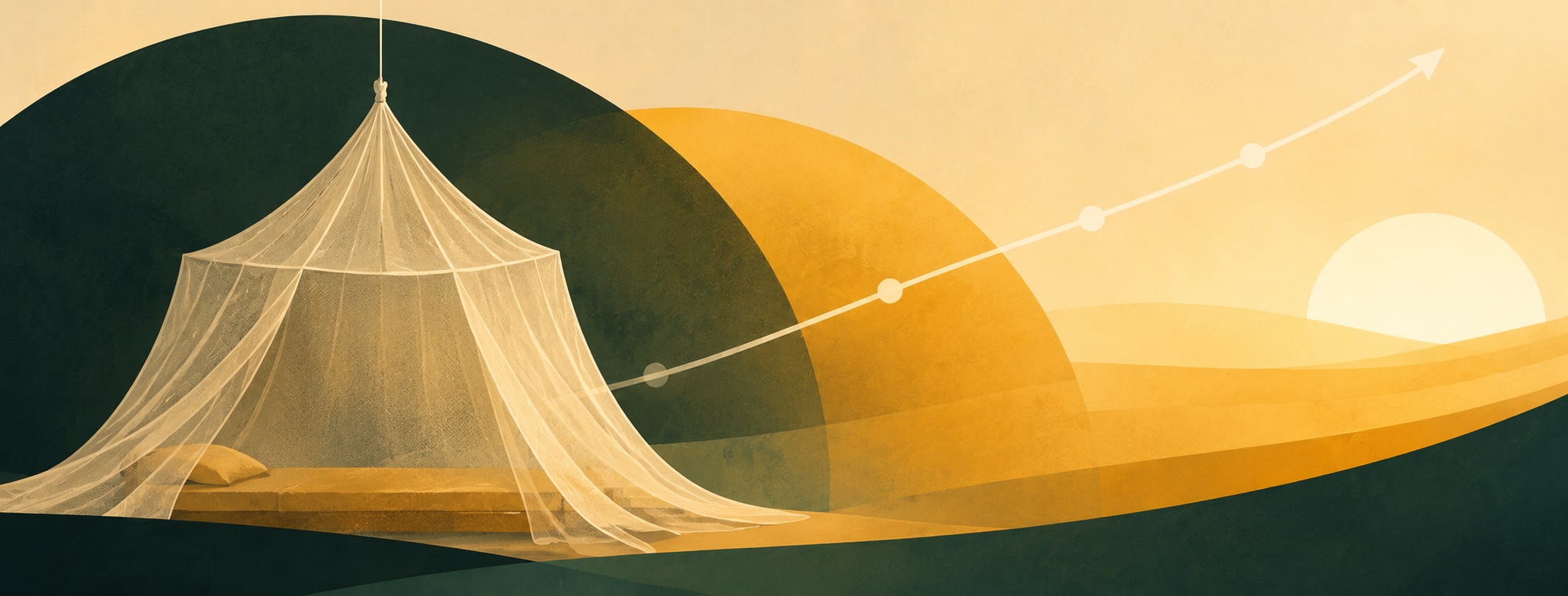 A stylised, abstract bednet stretches over a simple bed, set against overlapping dark green, ochre and golden shapes. A pale rising line with dots and an arrow moves across the image towards a bright sunrise, suggesting protection, effective deployment and hopeful progress.