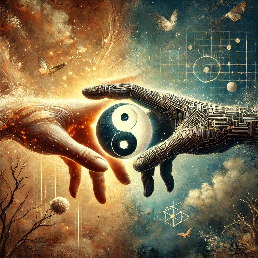 A surreal yet grounded illustration depicting the balance of Yin and Yang in altruism. The image features two hands, one glowing with warm, intuitive energy (Yin) and the other structured, analytical, and geometric (Yang), clasping together over a globe. The background is an abstract blend of organic textures and conceptual metaphors, evoking introspection. Muted, earthy tones with deep blues and warm neutrals dominate the palette, creating a dreamlike yet conceptual atmosphere. The composition emphasizes the tension between rationality and mysticism, symbolizing the integration of different worldviews.