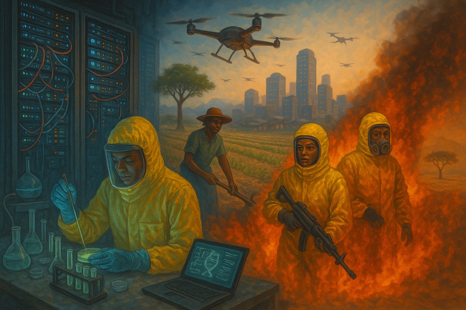 A vivid painting showing a futuristic African scene with a woman scientist in a hazmat suit, drones over farmland, and figures moving through a fiery desert. Generated by ChatGPT on 2025_04_17.