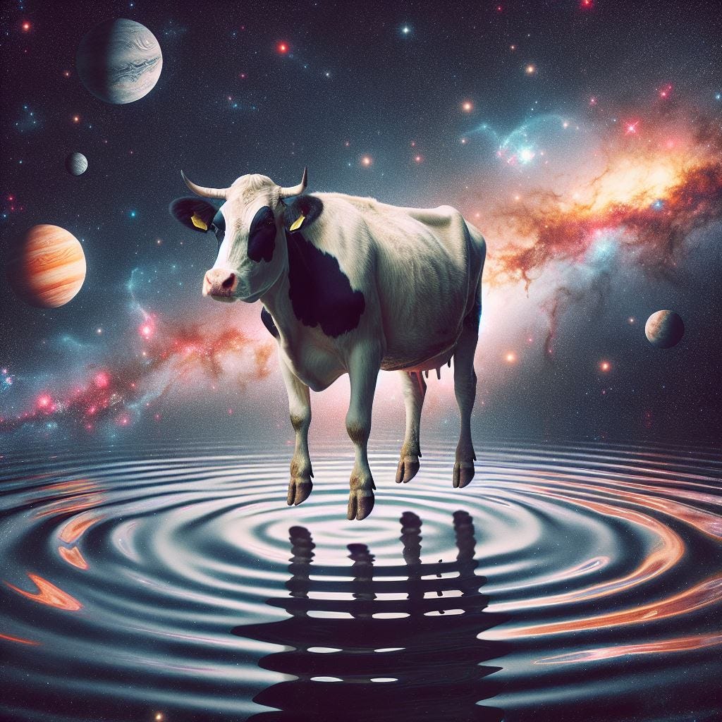 A cow making ripples in outer space