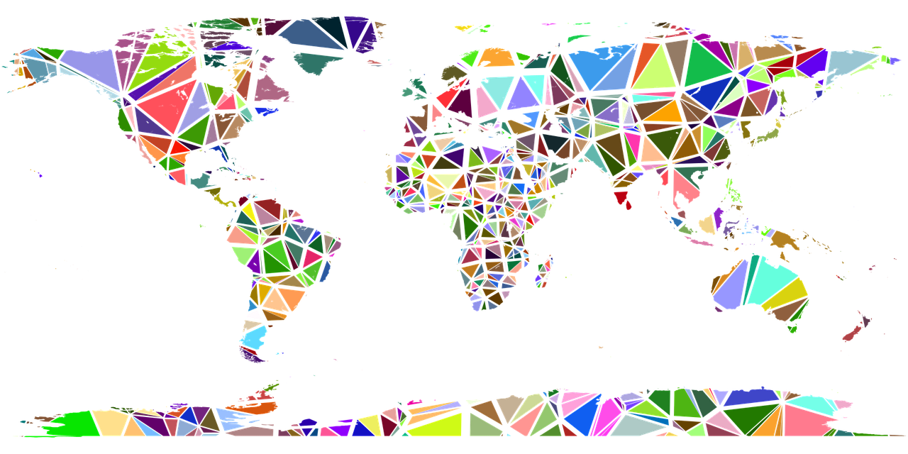 A map of the world made of triangular fragments of various colors.