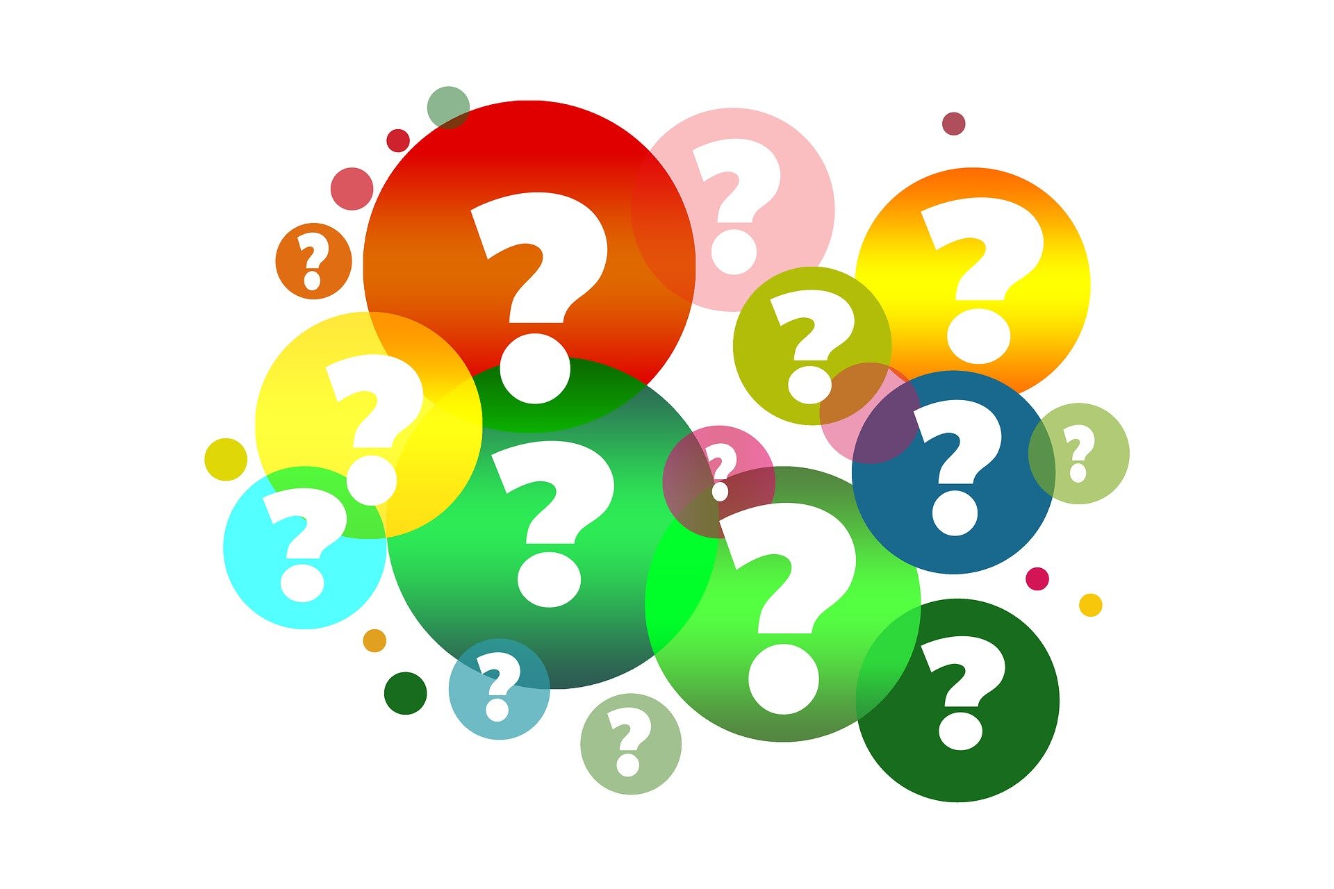 Question marks in bubbles of various sizes and colors.