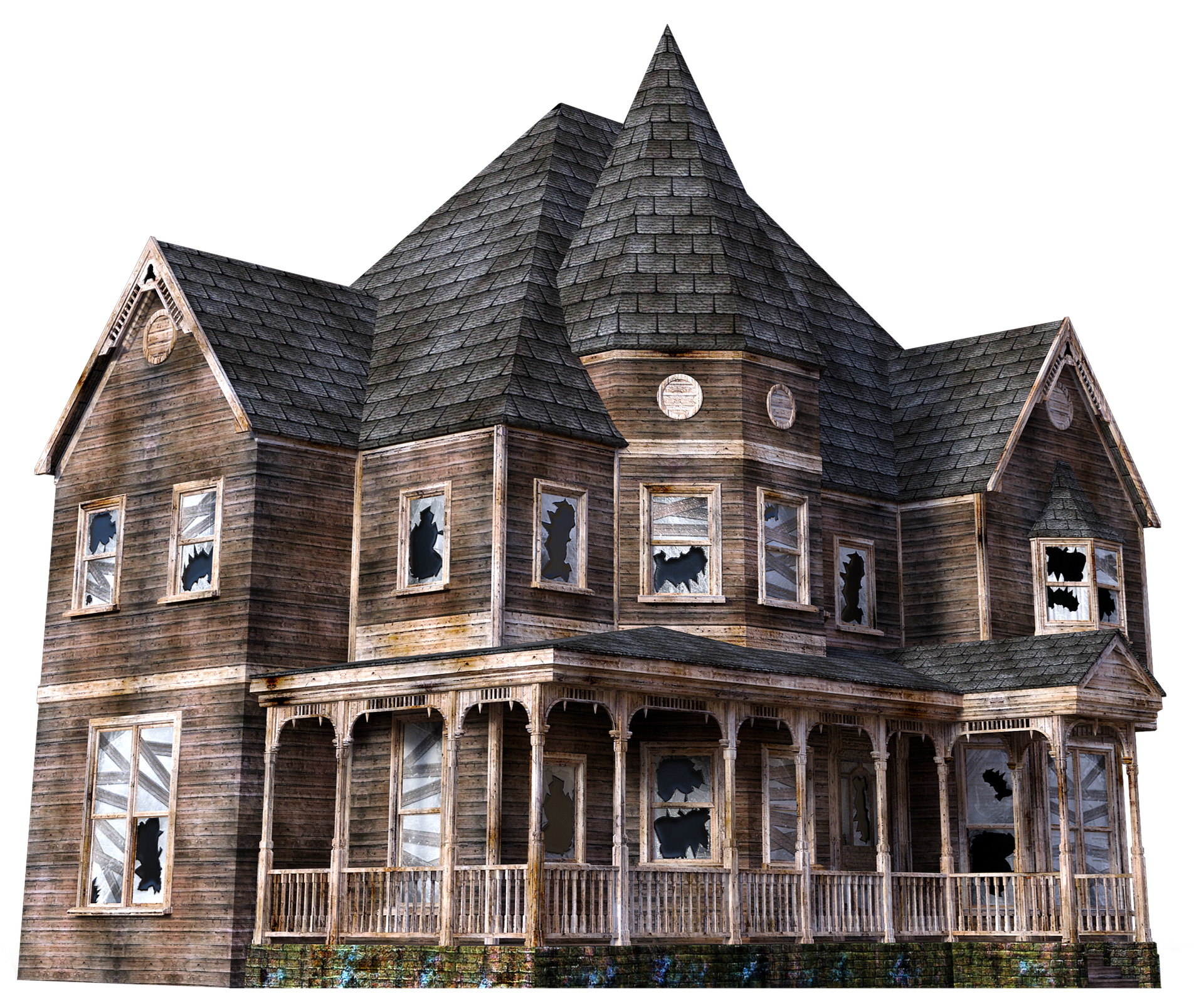 A large old abandoned house with broken windows.