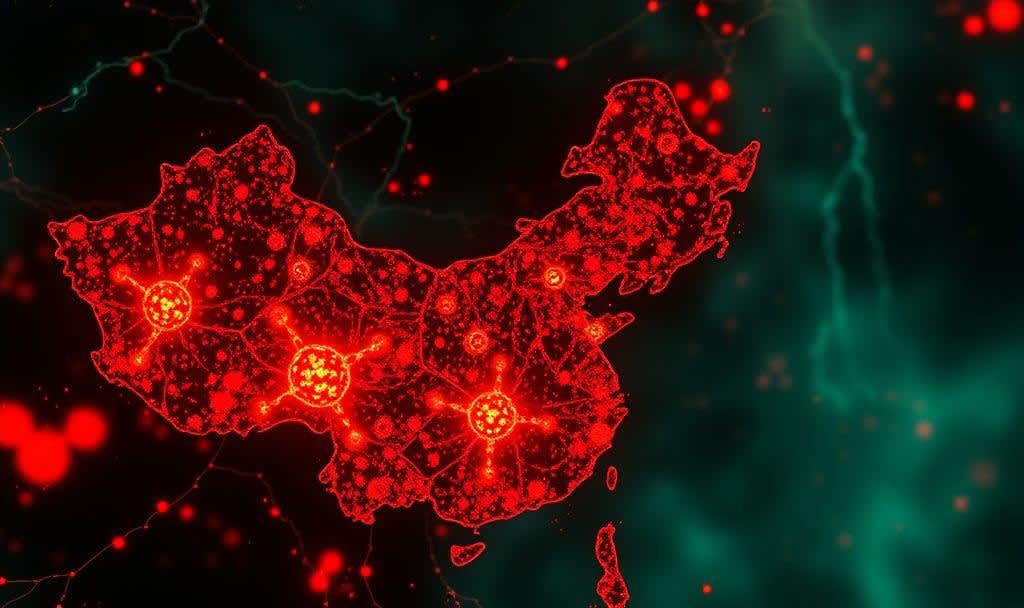 Stylized map of China rendered in pathogen-like particles.