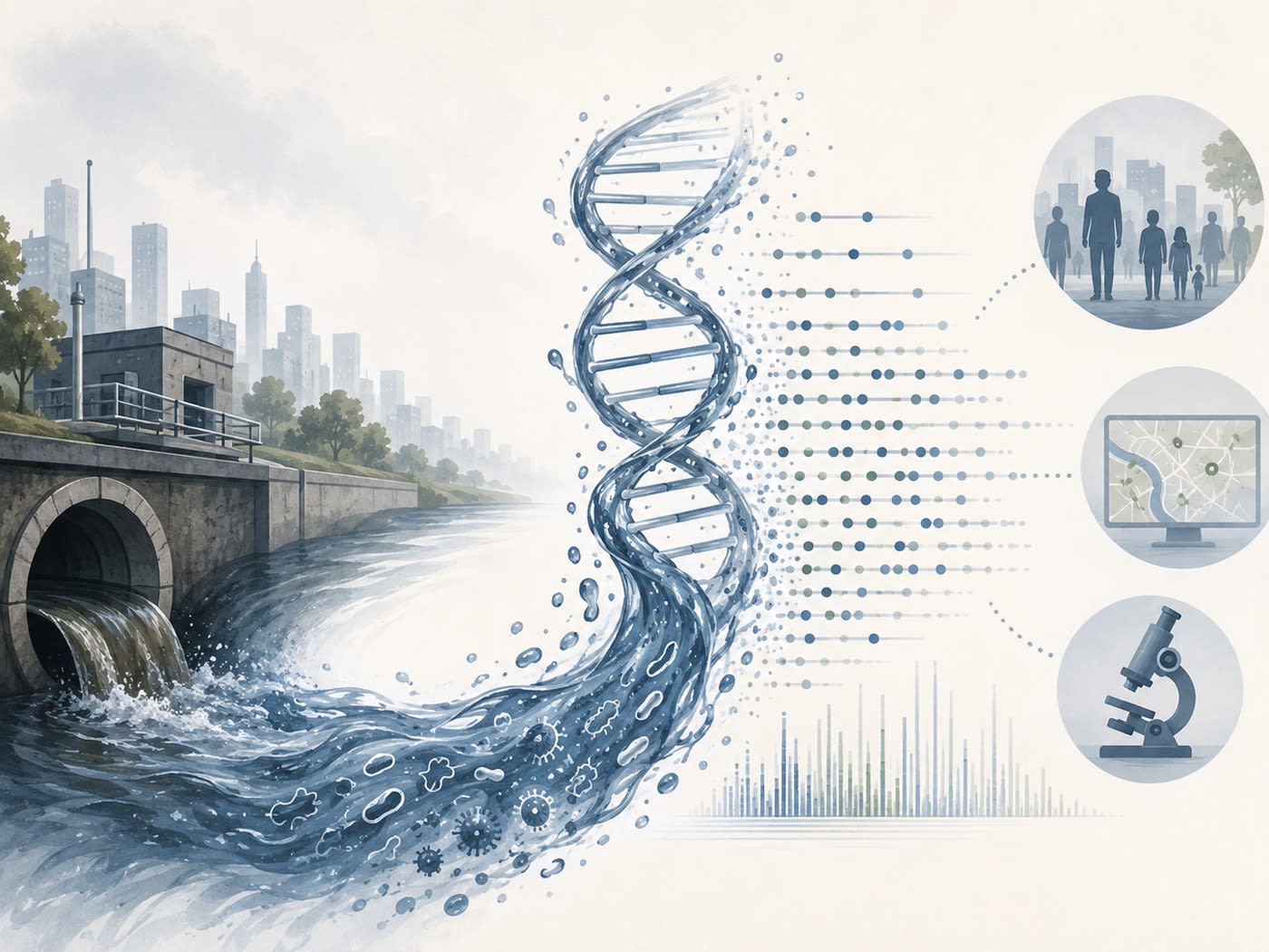 Stylized illustration of a DNA double helix rising from a wastewater outflow beside a city skyline, evoking metagenomic environmental surveillance.