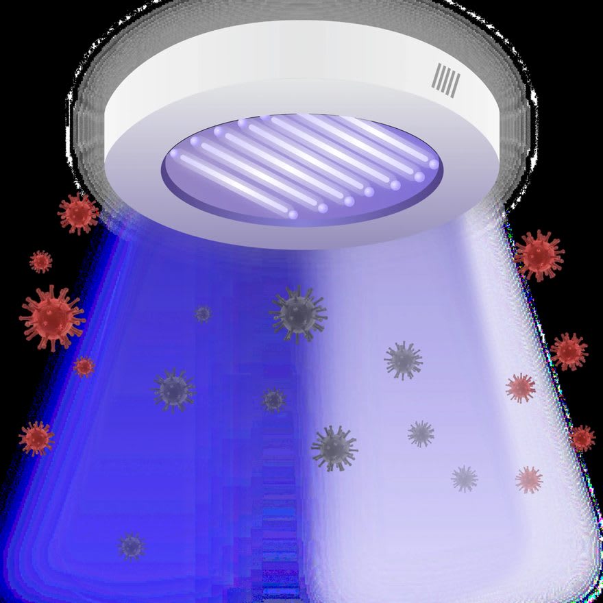 Illustration of a ceiling-mounted far-UVC fixture casting light into a room, inactivating airborne virus particles below it.