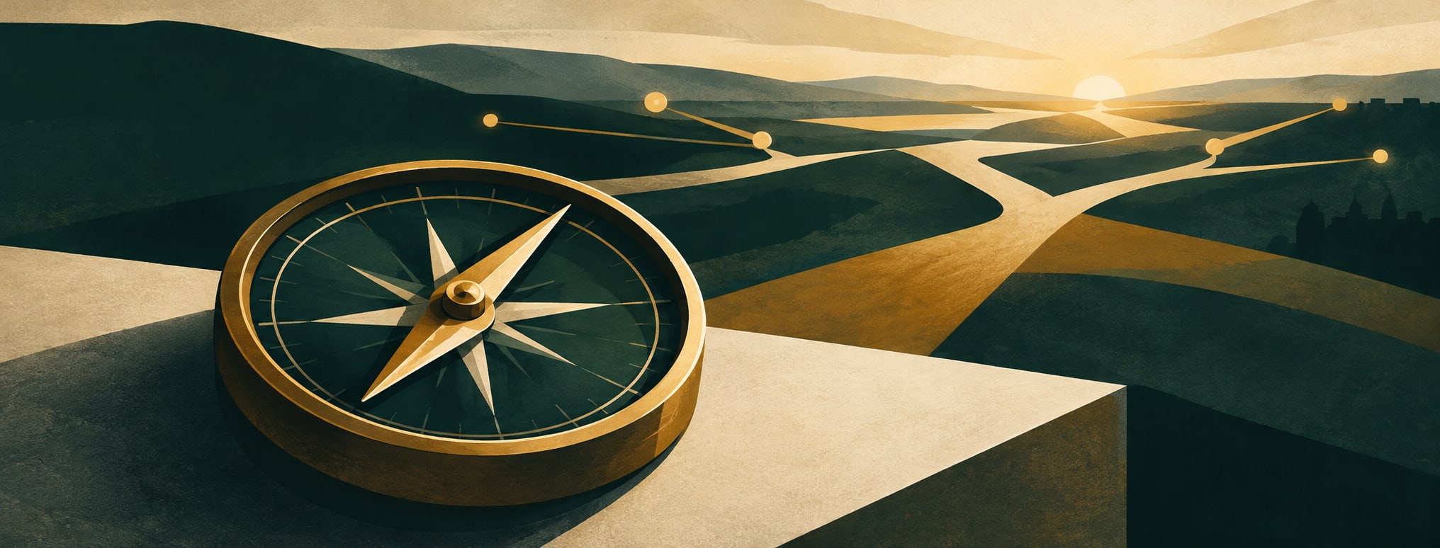 A large brass compass with a gold needle dominates the foreground, pointing towards a bright horizon. Beyond it, a network of branching golden paths crosses a dark green landscape towards the rising sun, symbolising a pivotal moment, important choices, and the need for moral direction. The muted green, ochre and warm cream palette creates a thoughtful, hopeful mood.