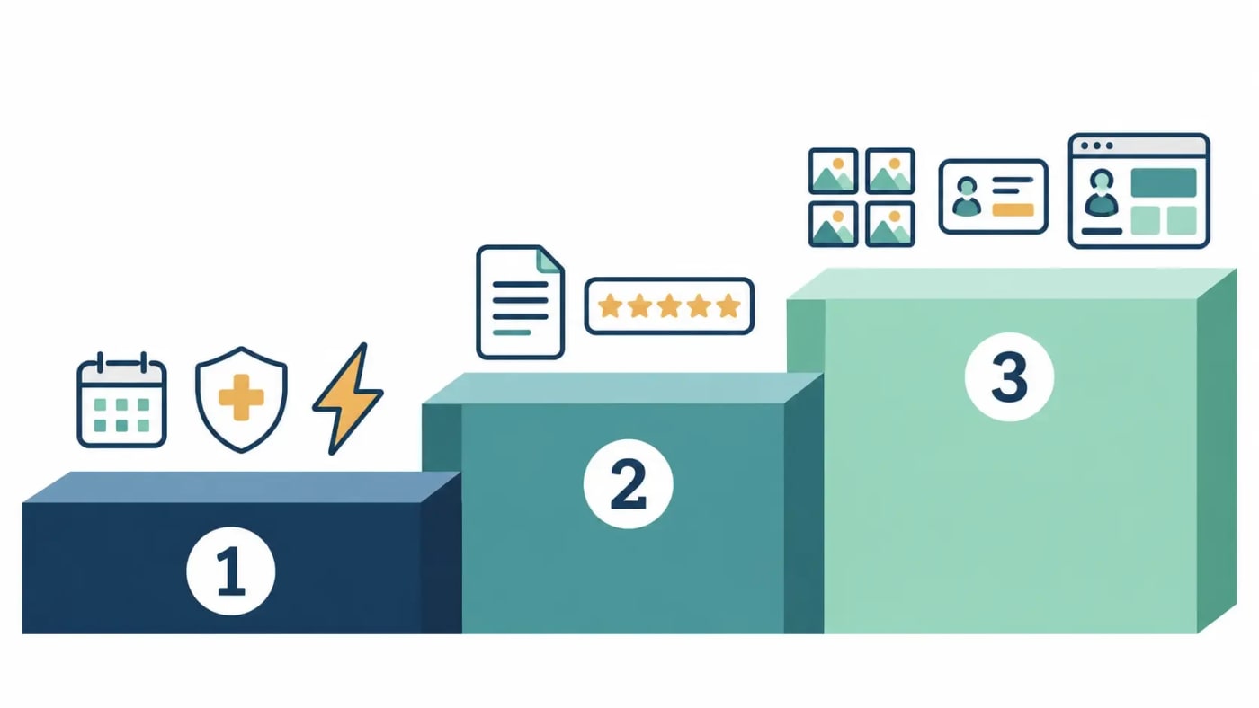 Three-step roadmap for a med spa website: booking, speed and compliance first, then SEO pages, then galleries and memberships