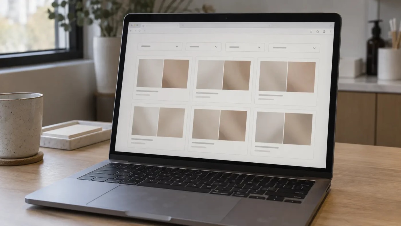 Clean UI mockup of a before-and-after gallery page on a laptop screen