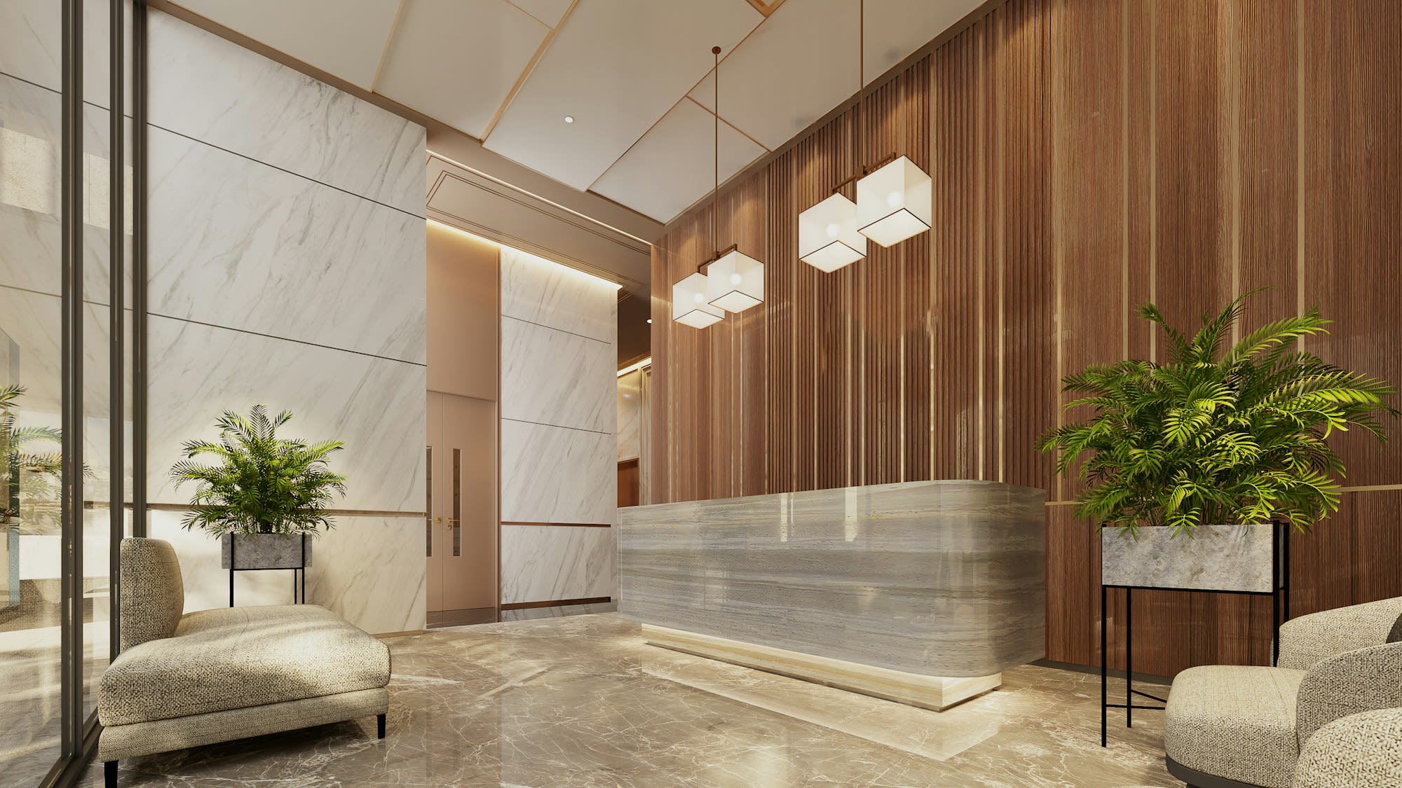 A modern medspa reception with a marble desk, warm wood paneling and pendant lighting