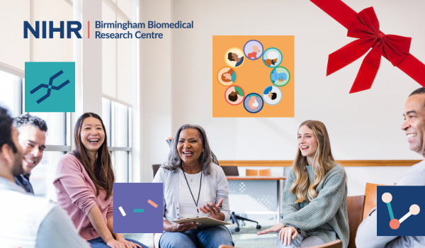 A group of people of different ages, ethnicities, and genders smiling at the camera. Birmingham BRC logo and diagram with colourful roundels each containing a person of different age, ethnicity and gender. Festive red ribbon in the top right corner.